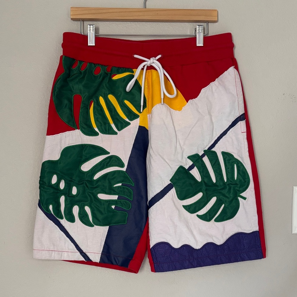 AKOO Habitat Tropical Leaf Print Men's Shorts - Red, Green, Yellow Drawstring XL